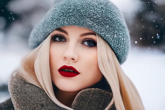 Portrait of a blonde woman with green beany in winter clothes, Generative AI