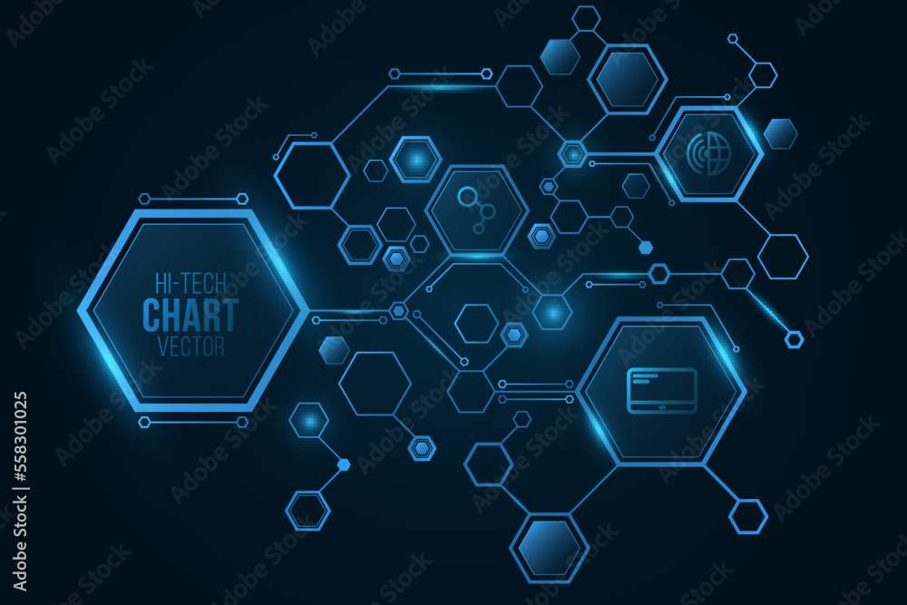 Poster futuristic hi-tech chart with icons from glowing hexagonal frames for your design. digital sci-fi di
