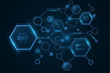 Futuristic hi-tech chart with icons from glowing hexagonal frames for your design. Digital sci-fi diagram. Vector illustration