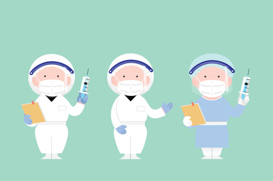 Set of three flat vector illustrations of a doctor in different poses and clothes. COVID-19 vaccination international campaign illustration. Doctor holding a vaccine syringe wearing ffp2 face mask