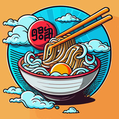 Delicious ramen noodles with egg doodle illustration