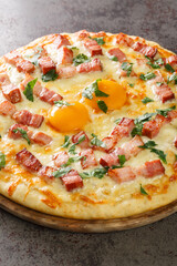 Homemade Pizza Carbonara with Bacon, Egg and Cheese closeup on a wooden board over stone table background. Vertical
