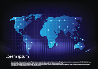 Dark blue abstract vector background.World map. Global network connections