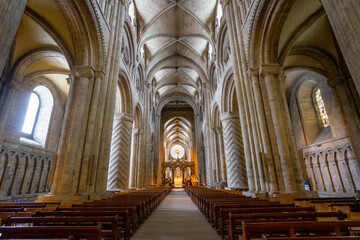 Durham Cathedral Inside and Interior , Unesco Historic Gothic and Romanesque church during winter snow morning in Durham , United Kingdom : 1 March 2018