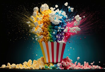 Popcorn of various bright colors popping out exploding, generative ai illustration - obrazy, fototapety, plakaty