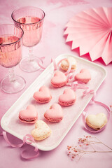 Happy Mothers Day, Happy Valentine - sweet macarons and glasses of rose sparkling wine