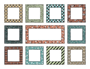 Colorful patterned frames Vector set. Hand Drawn doodle Frames with abstract ornaments for Photo, Pictures or Text