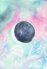 Astrological watercolor background in pink turquoise color