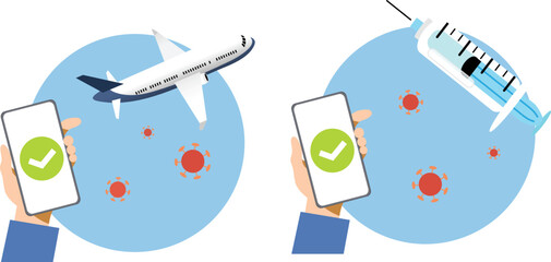 Hand holding smartphone with ok sign on screen vector. Concept of digital sanitary pass, or European Green pass, of vaccine passport. Travelling authorization. Certificate of immunity and vaccination.