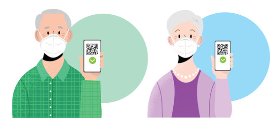 Old man and woman with ffp2 masks holding smartphone with QR code on screen. Concept of digital sanitary pass, or European Green pass, or vaccine passport. Certificate of immunization and vaccination.