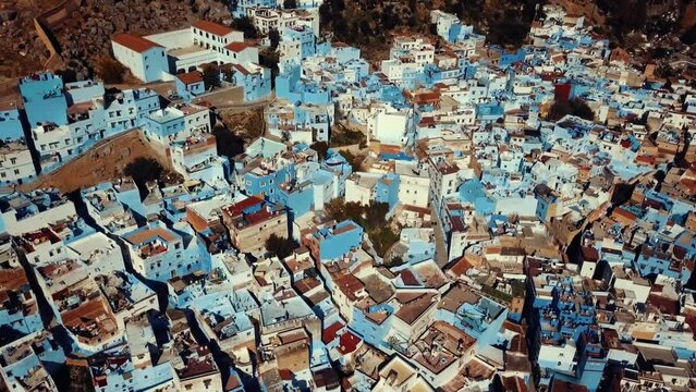 Aerial view over the blue city of chefchaouen city, Morocco. The Blue city of Chefchaouen.