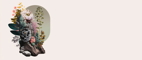 floral concept art on rock with oval green frame on a cream background with space to the left created by generative ai, generative artificial intelligence