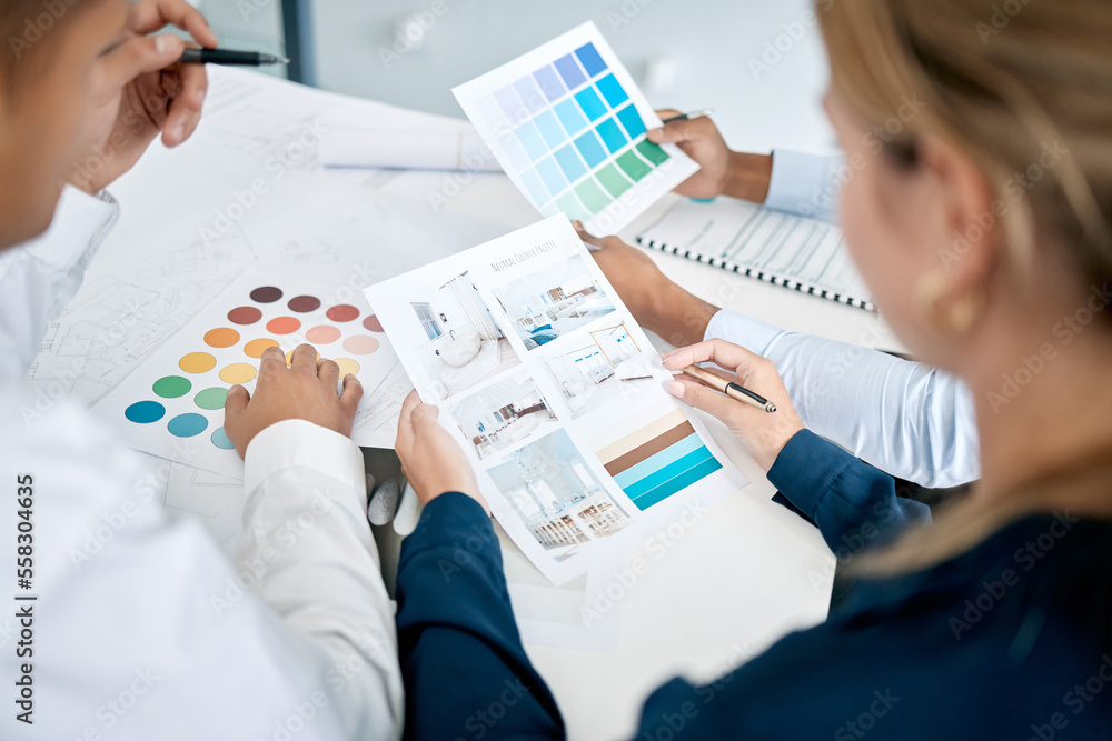 Poster planning collaboration, swatch and interior design team work on renovation, creative project or arch