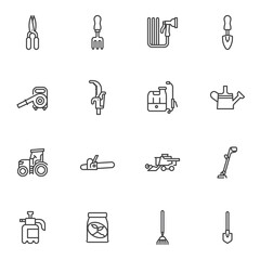 Essential gardening tool line icons set