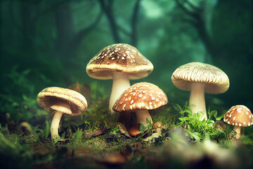 mushrooms in the forest, Generative AI - obrazy, fototapety, plakaty