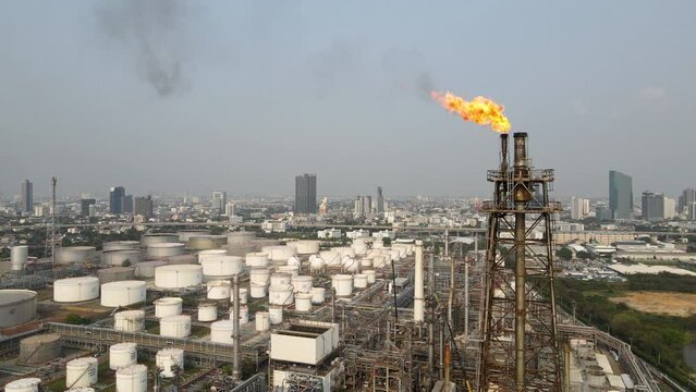 Fire on flare stack oil and gas central processing platform while burning toxic and release over pressure from process emergency shut down. 