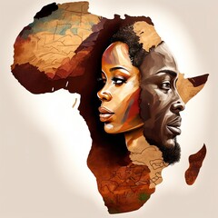 Black history month holiday celebration. Independent Strong black people poster. Confident black person. Ai generated not a real person art. Black people double exposure map Black man and woman © Roman
