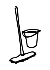 Cleaning tools. Bucket and mop silhouettes in flat cartoon graphic style. Bucket with water for wet cleaning. Floor brush. Modern cleaning equipment.