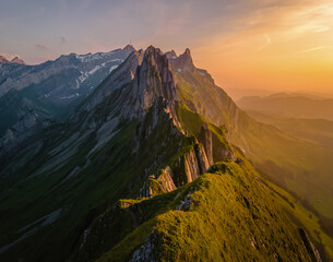 Schaeffler mountain ridge swiss Alpstein, Appenzell Switzerland, a steep ridge of the majestic...