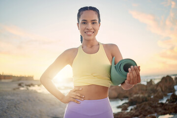 Beach, fitness and portrait of woman with yoga mat getting ready for training, stretching or...