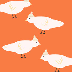 background pattern with winter birds in the hats, red and white