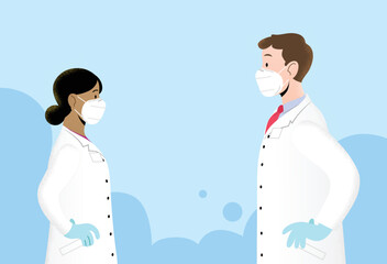 Obraz premium Young man and woman doctors profile portrait flat vector, wearing protective ffp2 or kn95 masks. Characters isolated, facing each other. Hands on hips pose. Protection against coronavirus.