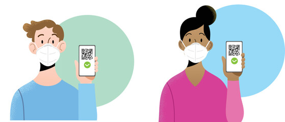 Young man and woman wearing ffp2  masks holding smartphone with QR code on screen. Concept of digital sanitary pass, of European Green Pass, or digital vaccine passport. Certificate of vaccination.