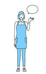 ふきだしつき、案内をするエプロンを着た女性