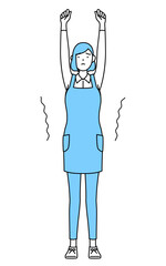 ストレッチで背伸びするエプロンを着た女性