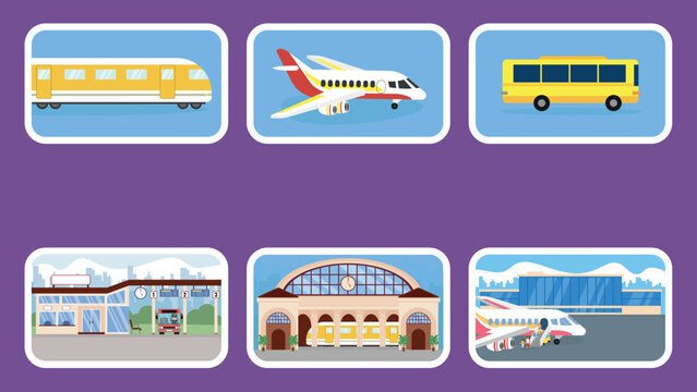 Train and railway station, plane and airport, bus and bus station