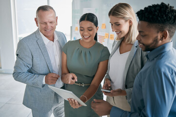 Tablet, team work or business people in a meeting planning a SEO digital marketing, advertising or branding strategy. Data analysis, collaboration or employees working, talking or reading analytics
