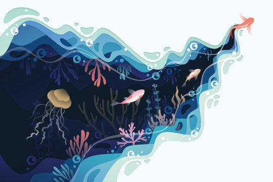 Fishes layered shape wavy ocean underwater background in paper cut style