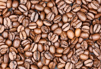 Espresso coffee beans. Top view. Background.