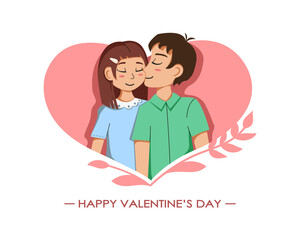 Happy Valentine's day postcard illustration couple in love boy and girl kissing card design love heart concept