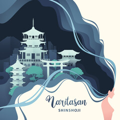 Woman hair in panorama of world famous landmarks of japan for travel advertising