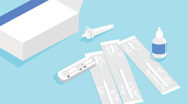 Close view of an antigen test kit (atk) or self-test at home, containing nasal swab, test device and sample extraction tube from an open box. Covid-19 coronavirus positivity detection and prevention.