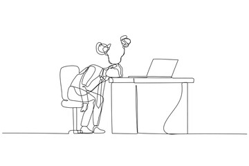 Drawing of businessman tired lay head in chair looking tire and stress. Single continuous line art style
