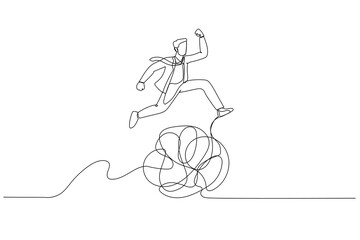 Cartoon of businessman jumping over messy line metaphor of overcoming trouble and difficulty. One line art style
