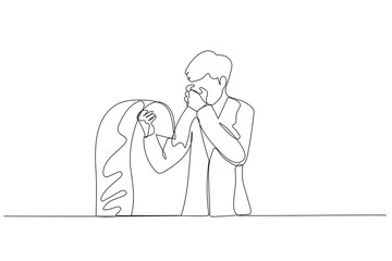 Drawing of businessman holding long list of bills stressed because of debt. Continuous line art