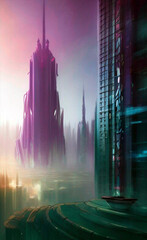 Obraz premium view of the futuristic city, urban landscape, concept illustration, generative ai, (these depiction is fictitious and generated)