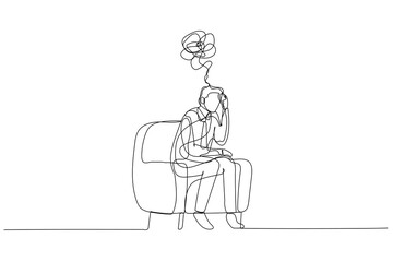 Illustration of businessman depressed and overthinking because of bankruptcy and loss. Single line art style