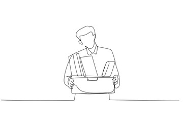 Cartoon of stress businessman stand holding box full of belonging after being fired. One line art style