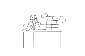 Illustration of businessman frustated sitting on office busy desk concept of overwhelmed. Single continuous line art