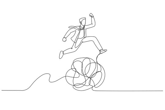 Cartoon of businessman jumping over messy line metaphor of overcoming trouble and difficulty. One line art style