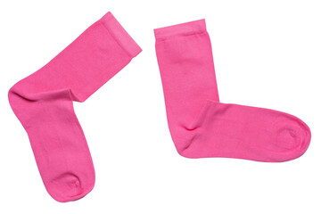 A pair of pink cotton socks, as if walking, on a white background