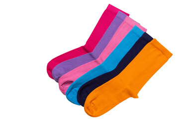 Six cotton socks of different colors are laid out in a row one on top of the other, on a white background