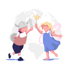 Children playing toys set. Happy kindergarten kids during indoor room games. Leisure childhood activities of little preschool boys and girls. Flat vector illustrations isolated on white background