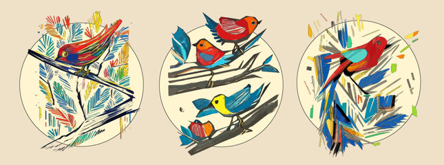 Fototapeta premium Bird on tree branch with leaves, flowers and large circle on light beige background. Colorful illustration.