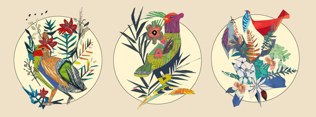 Bird on tree branch with leaves, flowers and large circle on light beige background. Colorful illustration.