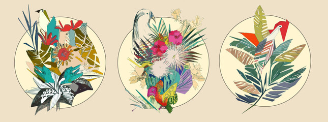Bird on tree branch with leaves, flowers and large circle on light beige background. Colorful illustration.